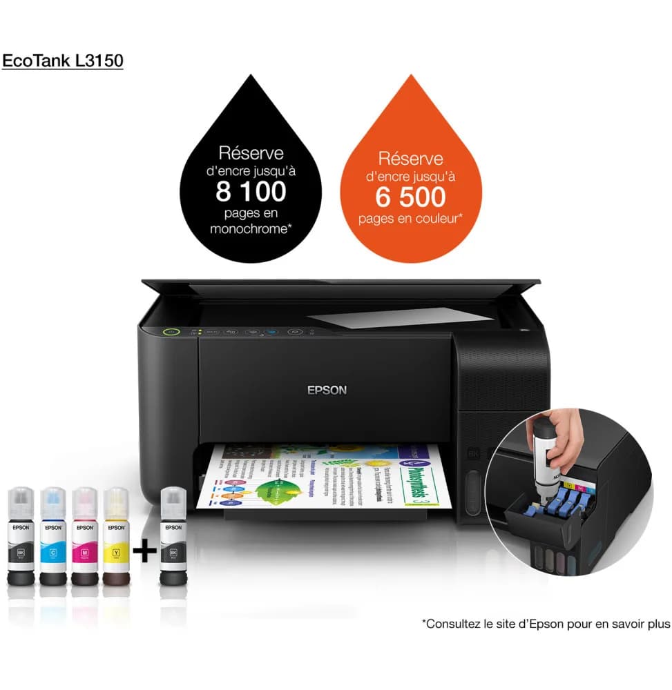 Epson EcoTank L3150 Imprimante multifonction à réservoirs rechargeables (C11CG86407)